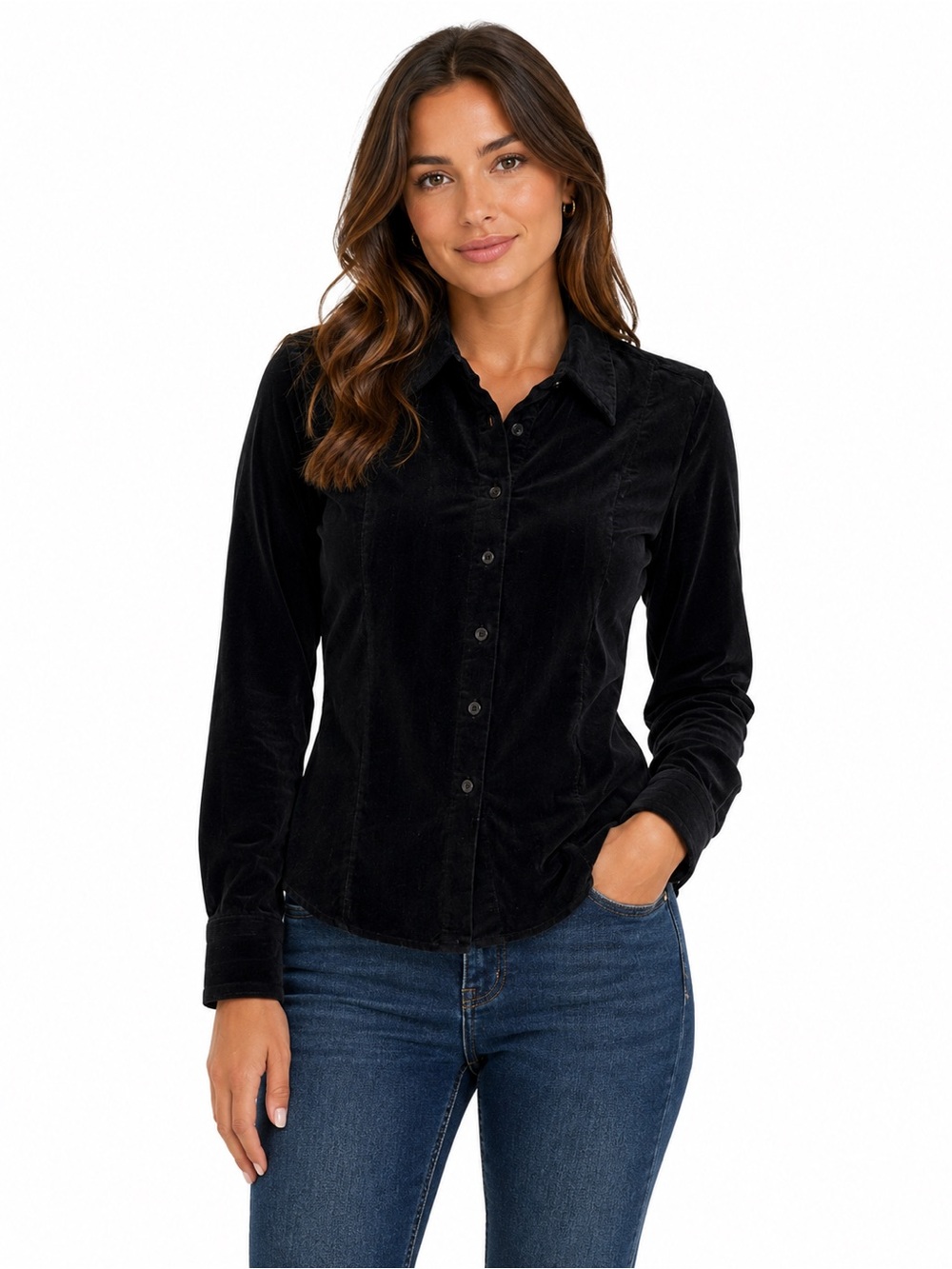 Vintage 90’s Façonnable Black Corduroy Button Front Shirt Women M France
